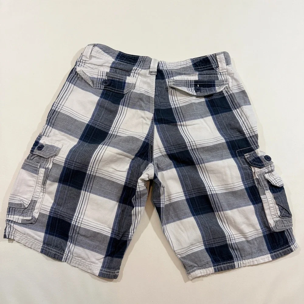 Lee Dungarees Cargo Shorts Mens 33 Blue White Plaid Good Cotton Utility Pocket